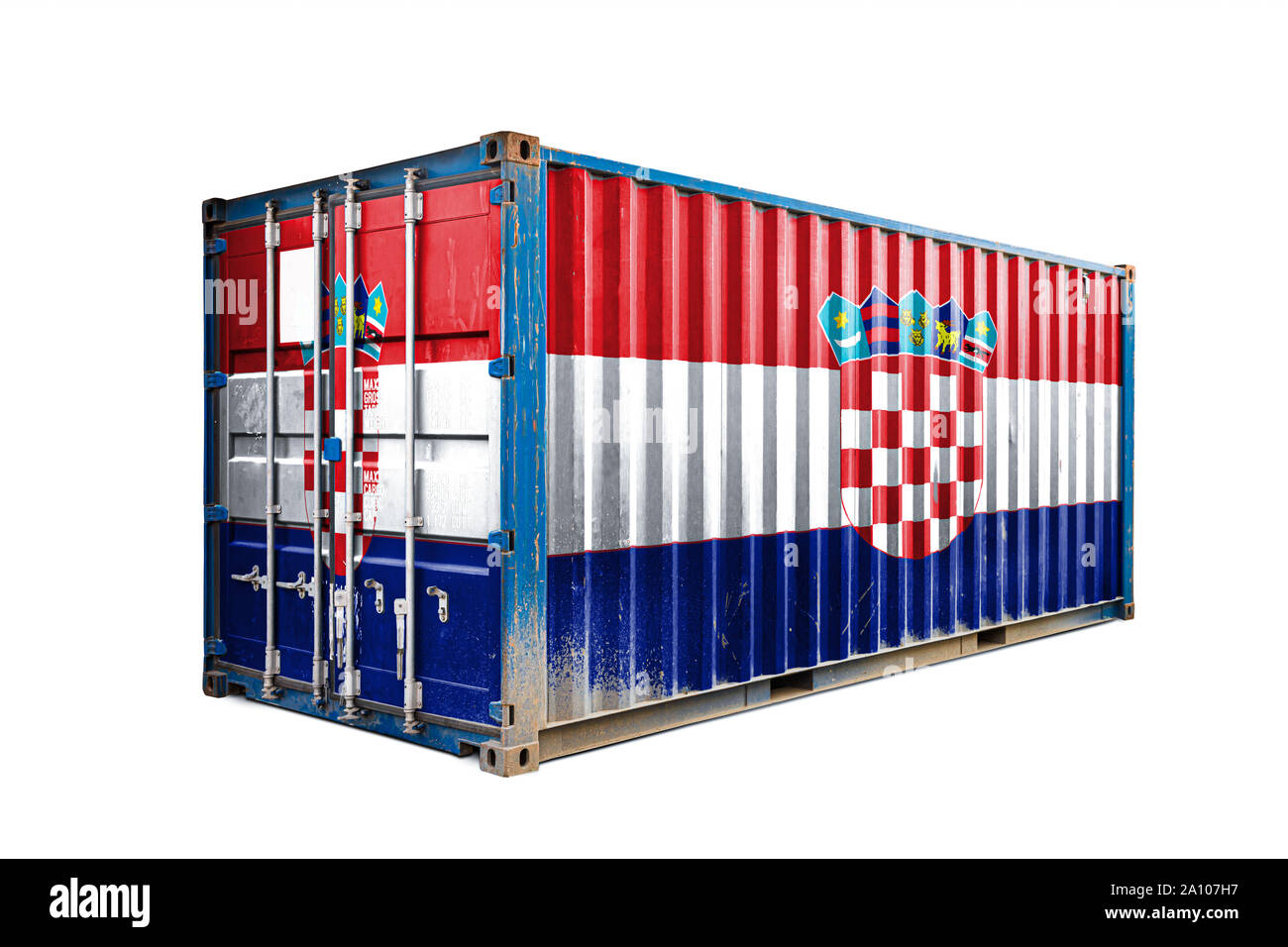 The concept of  Croatia export-import, container transporting and national delivery of goods. The transporting container with the national flag of Cro Stock Photo