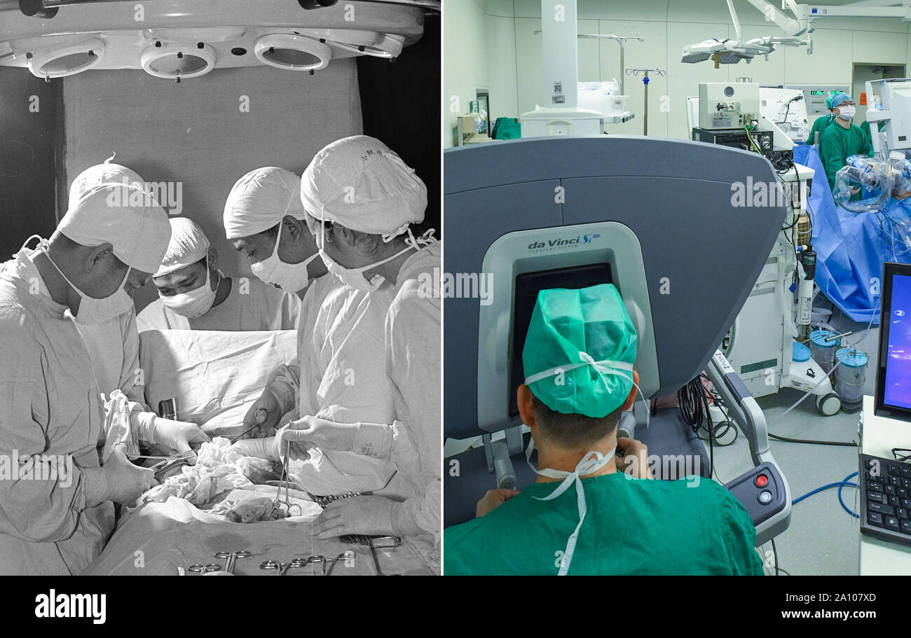 (190923) -- BEIJING, Sept. 23, 2019 (Xinhua) -- Left: File photo taken in 1975 shows doctors performing a gallbladder removal surgery (cholecystectomy) at a health center in Zhongshan, south China's Guangdong Province.Right: Photo taken on July 18, 2019 by Liu Dawei shows Chen Lingwu (L), director of the Department of Urology at the First Affiliated Hospital of Sun Yat-sen University, conducting an operation to repair the fallopian tube with the help of a robot-assisted laparoscope at the hospital in Guangzhou, capital of south China's Guangdong Province. The upgrade of surgical technologies a Stock Photo