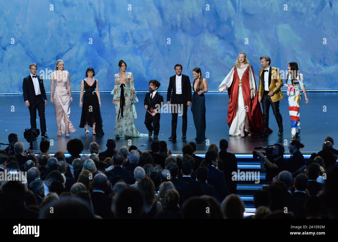 (L-R) Alfie Allen, Sophie Turner, Maisie Williams, Lena Headey, Peter Dinklage, Kit Harington, Emilia Clarke, Gwendoline Christie, Nikolaj Coster-Waldau, and Carice van Houten onstage during the 71st annual Primetime Emmy Awards at the Microsoft Theater in downtown Los Angeles on Sunday, September 22, 2019. Photo by Jim Ruymen/UPI Stock Photo