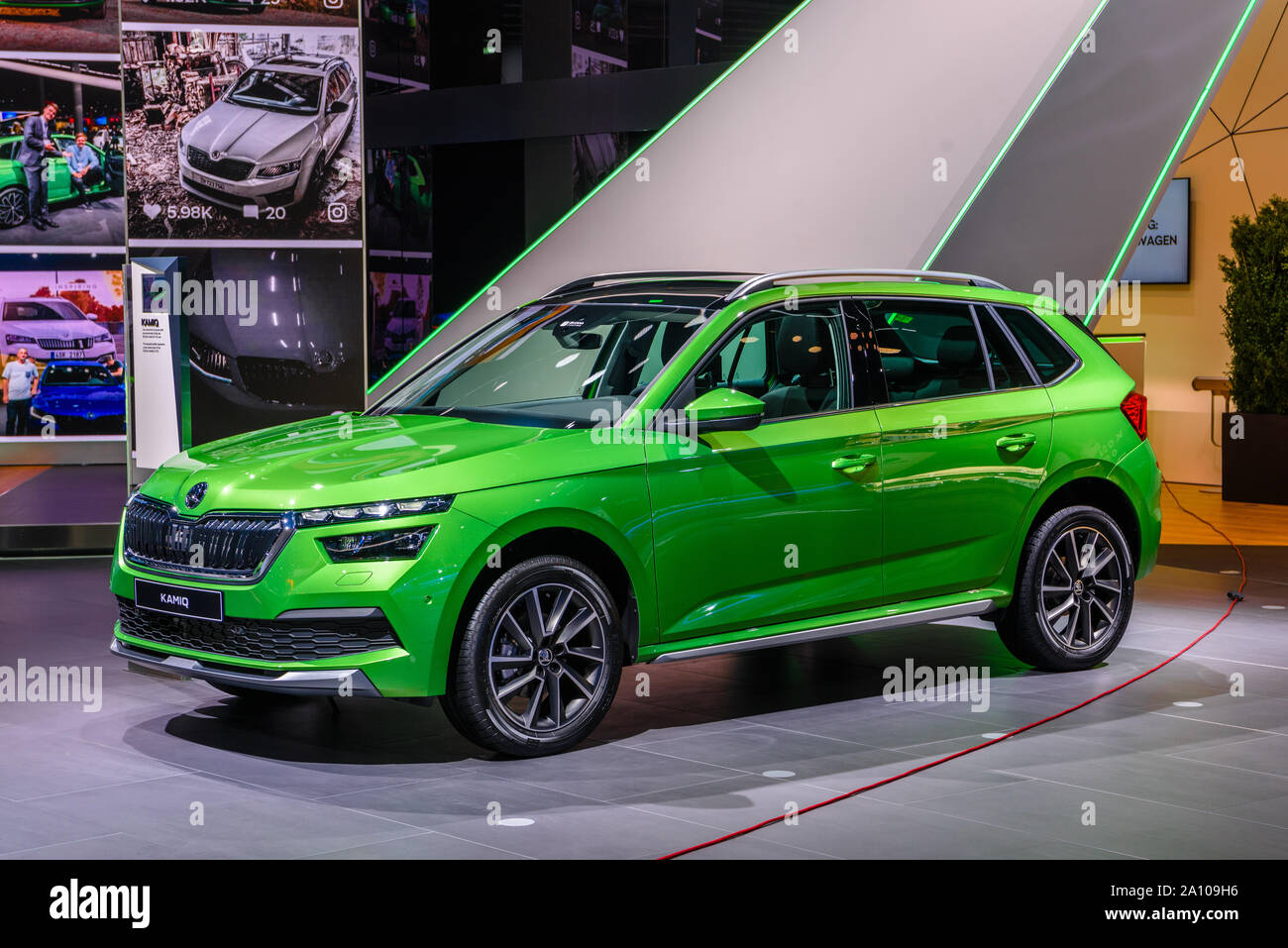 FRANKFURT, GERMANY - SEPT 2019: lime green SKODA KAMIQ subcompact crossover  SUV, IAA International Motor Show Auto Exhibtion Stock Photo - Alamy