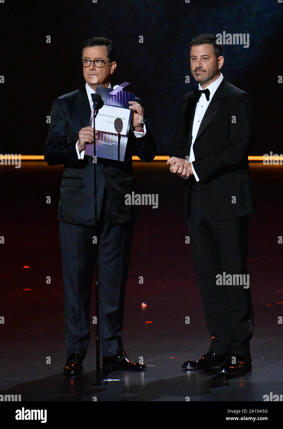Stephen Colbert (L) and Jimmy Kimmel onstage during the 71st annual Primetime Emmy Awards at the Microsoft Theater in downtown Los Angeles on Sunday, September 22, 2019. Photo by Jim Ruymen/UPI Stock Photo