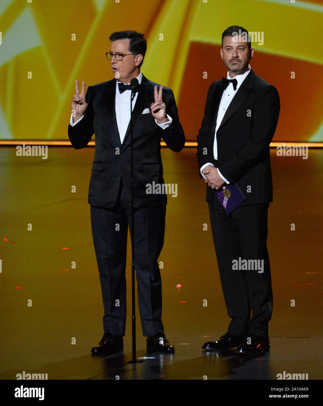 Stephen Colbert (L) and Jimmy Kimmel onstage during the 71st annual Primetime Emmy Awards at the Microsoft Theater in downtown Los Angeles on Sunday, September 22, 2019. Photo by Jim Ruymen/UPI Stock Photo