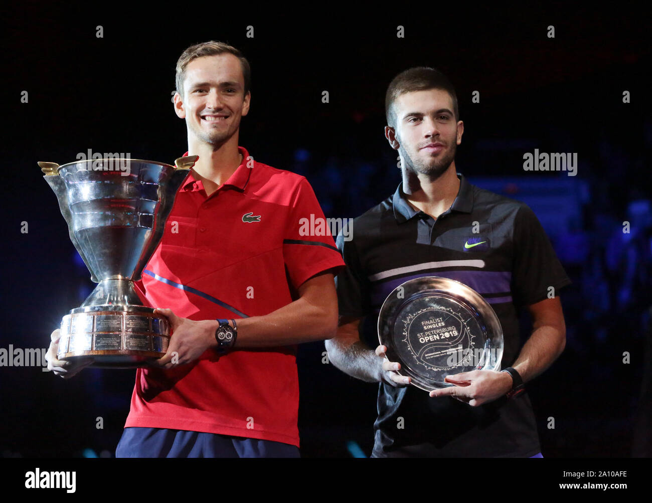 St. Petersburg, Russia. 22nd Sep, 2019. Daniil Medvedev (L) of Russia and Borna Coric of Croatia pose with the trophies during the awarding ceremony after the final match at St. Petersburg Open ATP tennis tour in St. Petersburg, Russia, Sept. 22, 2019. Credit: Irina Motina/Xinhua/Alamy Live News Stock Photo