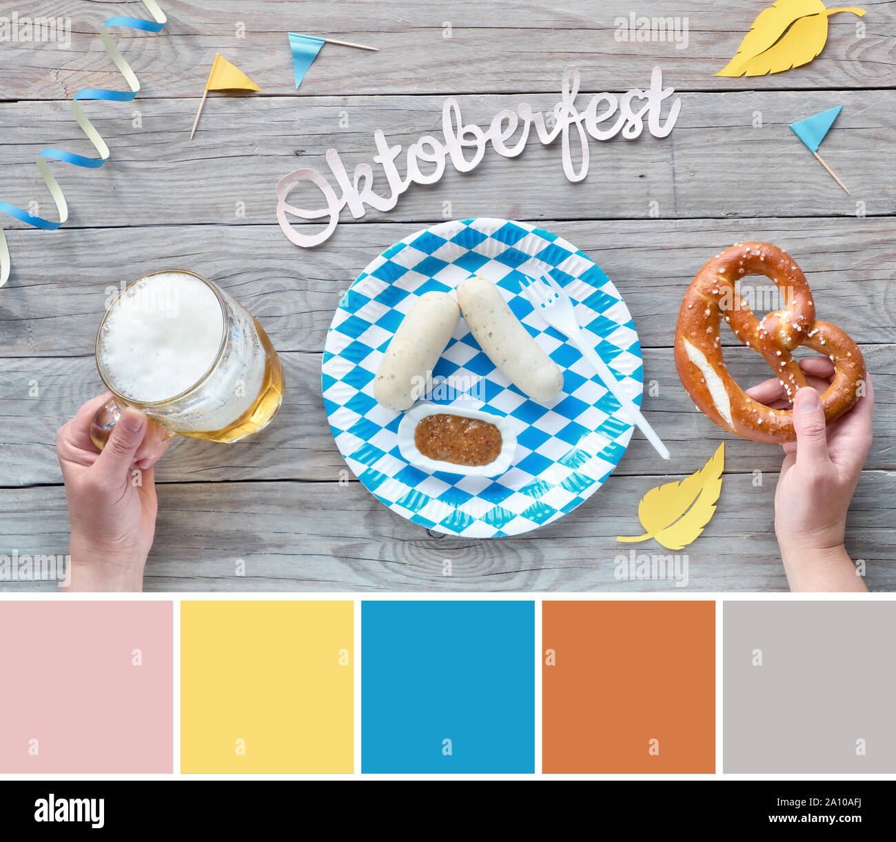 Color matching palette from Oktoberfest food picture with hand holding pretzel and blue-white decorations Stock Photo