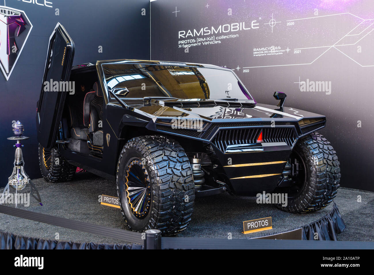 FRANKFURT, GERMANY - SEPT 2019: black RAMSMOBILE RM-X2 based on HUMVEE HUMMER H1, IAA International Motor Show Auto Exhibtion. Stock Photo