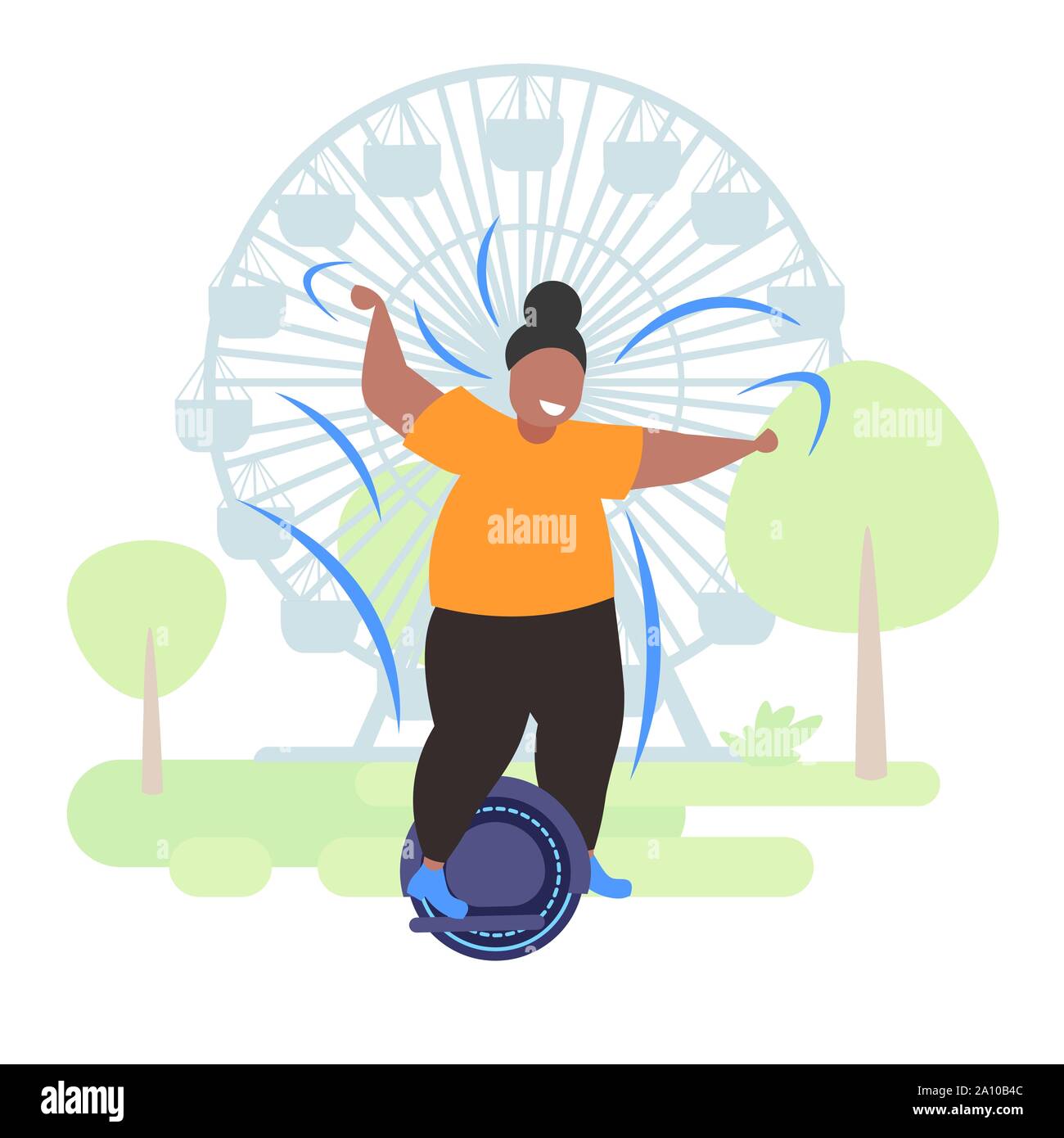 fat obese woman riding self balancing scooter african american girl standing on electric gyroscooter personal electrical transport obesity concept Stock Vector