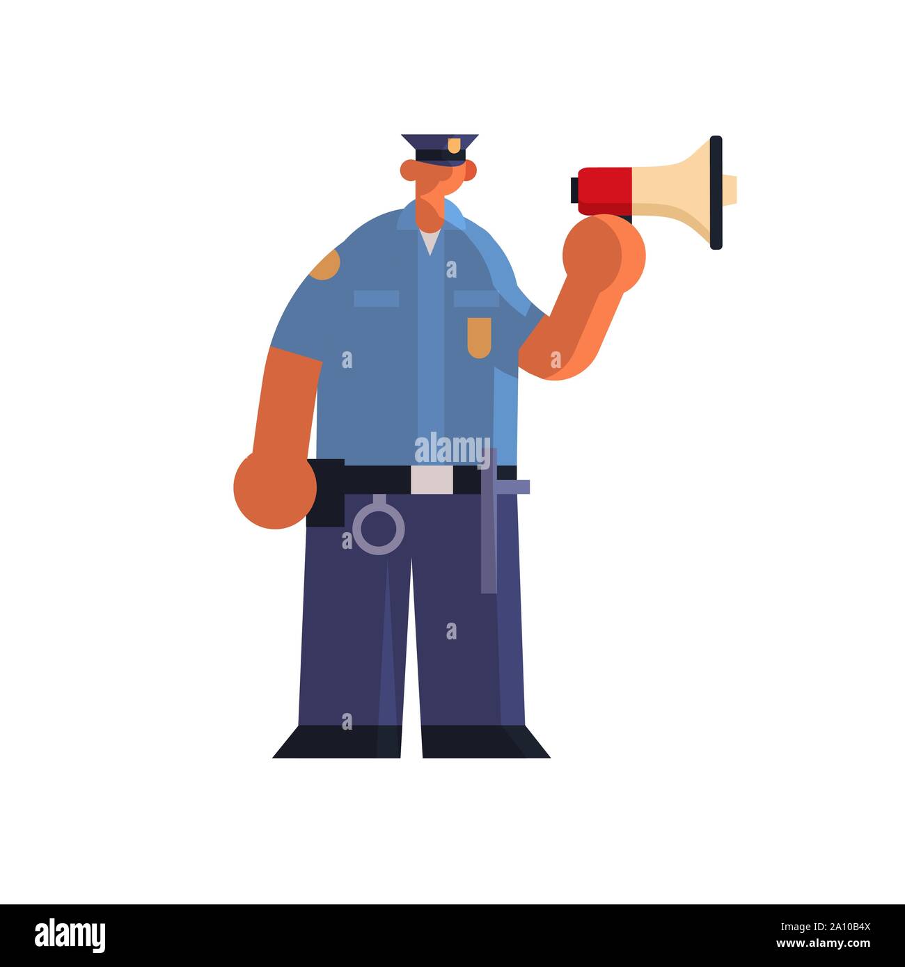 male police officer yelling through megaphone poliwoman in uniform