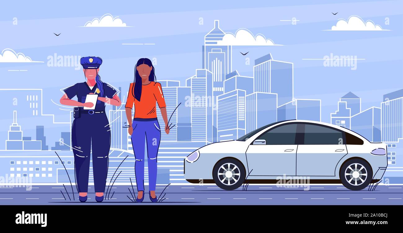 female police officer writing report parking fine or speeding ticket for sad african american woman driver road traffic safety regulations concept Stock Vector