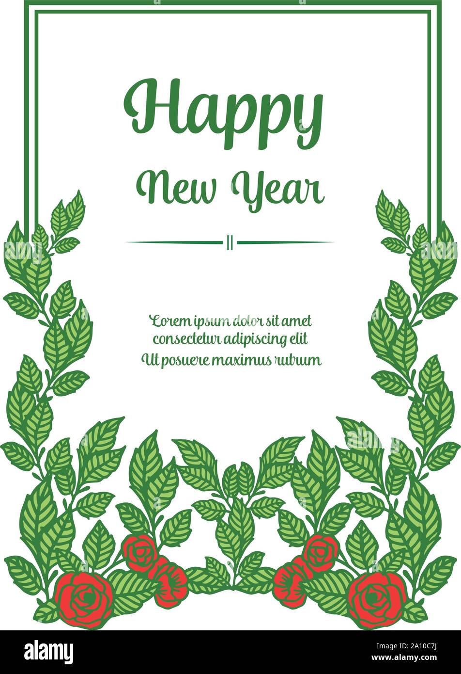 Vintage card happy new year, with drawing of red rose flower frame ...