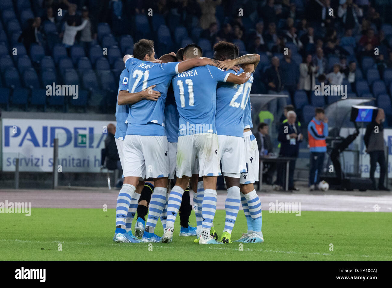 Rome, Italy. 22nd Sep, 2019. Adam Marusic of Lazio celebrates with his teammate after scoring a goal during the Serie A match between Lazio and Parma at Olimpico Stadium.(Final score: Lazio 2:0 Parma) Credit: SOPA Images Limited/Alamy Live News Stock Photo
