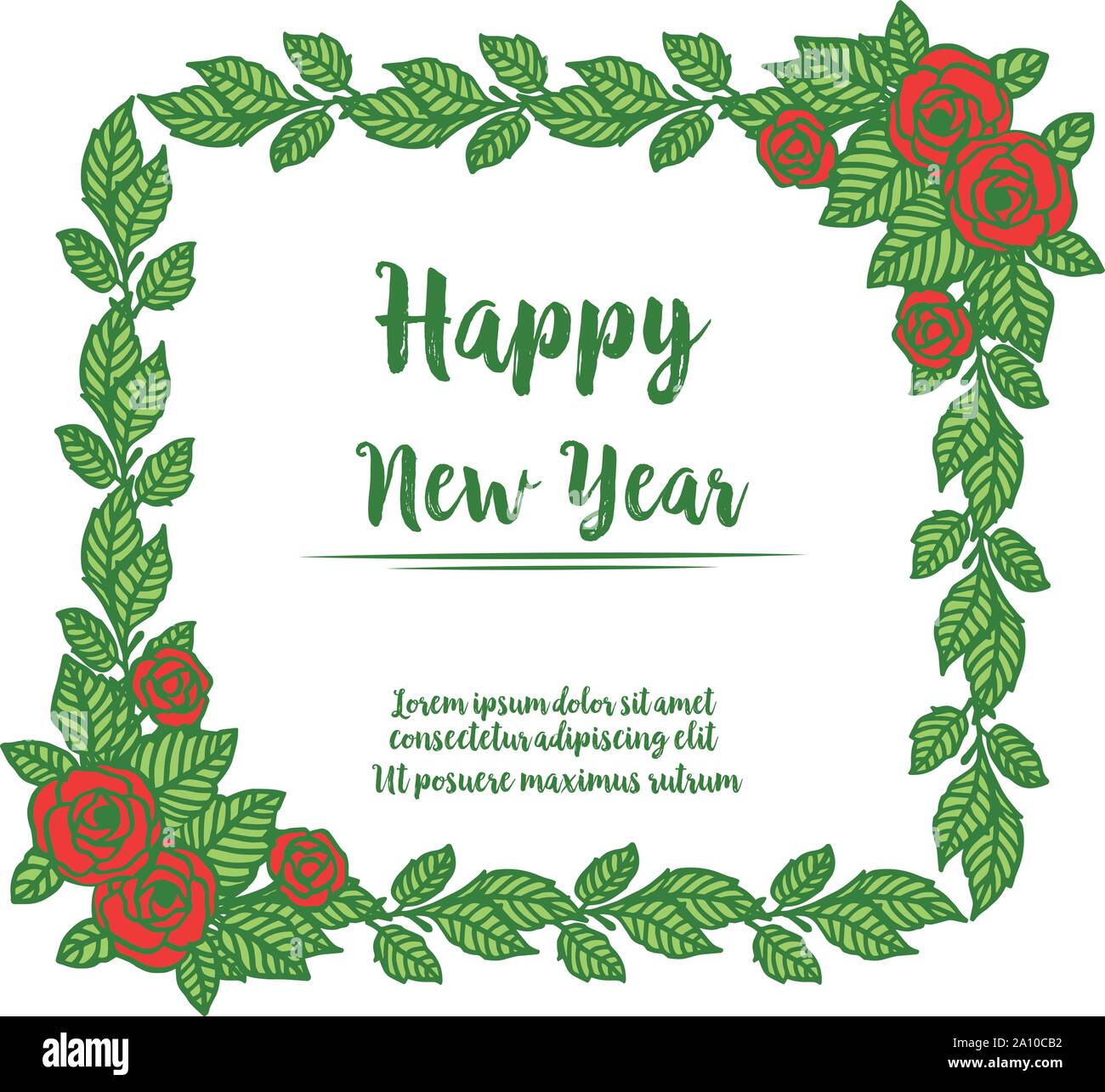 Vintage card happy new year, with drawing of red rose flower frame ...