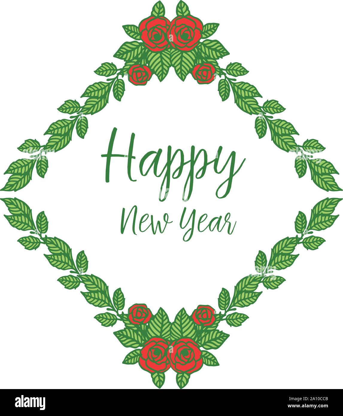 Vintage card happy new year, with drawing of red rose flower frame ...
