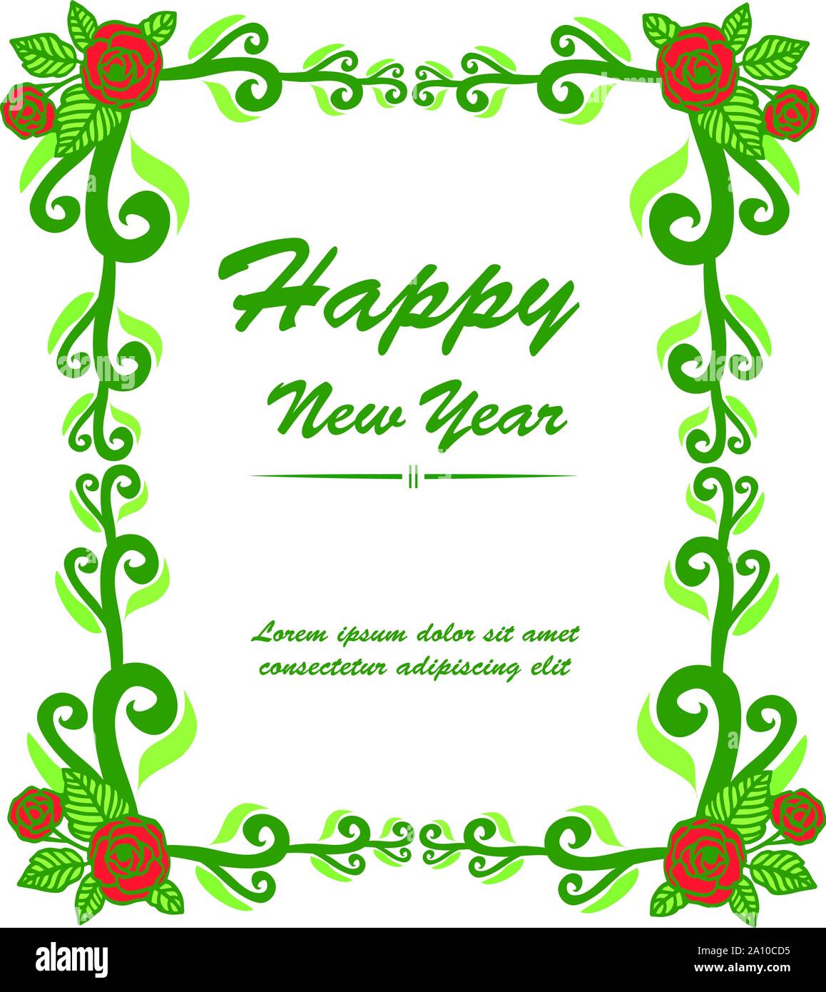 Vintage card happy new year, with drawing of red rose flower frame ...