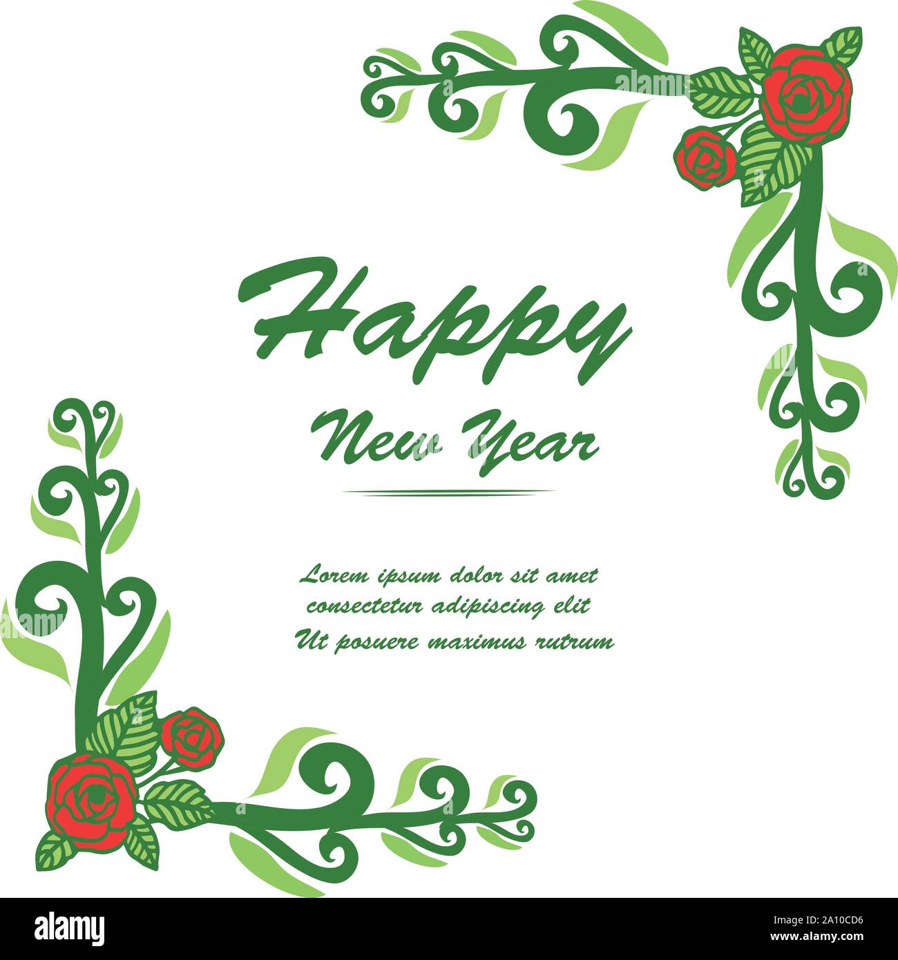 Vintage card happy new year, with drawing of red rose flower frame ...