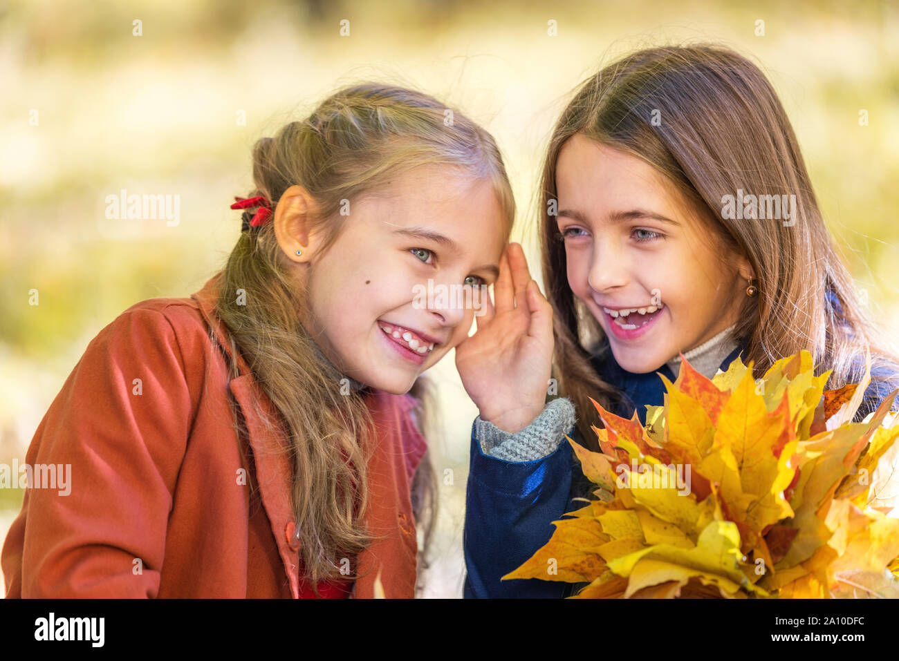 Two cute smiling 8 years old girls chatting in a park on a sunny autumn day. Stock Photo