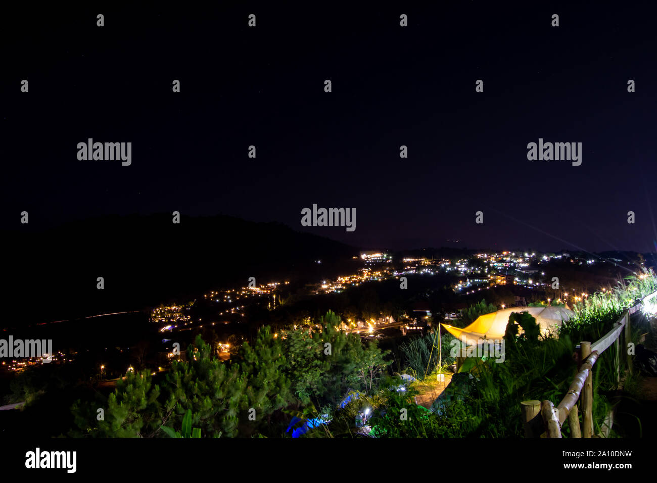 Scenic lighting of the villa and the night sky at Khao Kho of phetchabun , Thailand. Stock Photo
