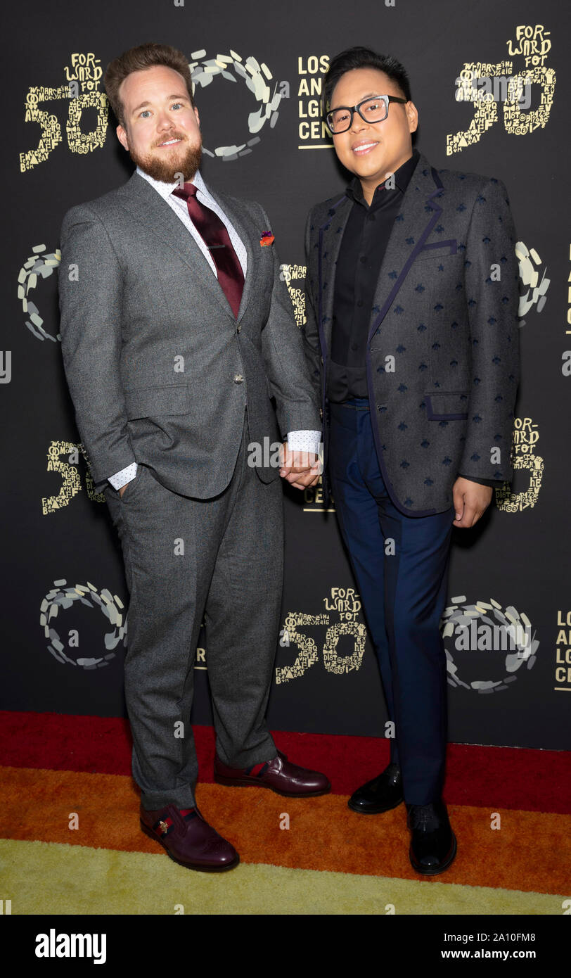 Los Angeles, CA - Sept 21, 2019: Zeke Smith and Nico Santos attend the Los Angeles LGBT Center's Gold Anniversary Vanguard Celebration 'Hearts Of Gold Stock Photo