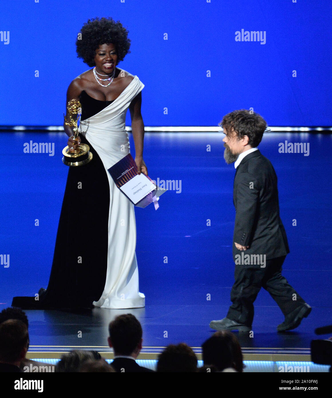 Viola Davis presents Peter Dinklage with the Outstanding Supporting Actor, Drama award for 'Game of Thrones' onstage during the 71st annual Primetime Emmy Awards at the Microsoft Theater in downtown Los Angeles on Sunday, September 22, 2019. Photo by Jim Ruymen/UPI Stock Photo