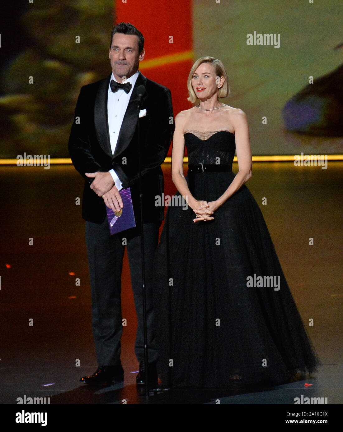 Naomi Watts and Jon Hamm appear onstage during the 71st annual Primetime Emmy Awards at the Microsoft Theater in downtown Los Angeles on Sunday, September 22, 2019. Photo by Jim Ruymen/UPI Stock Photo