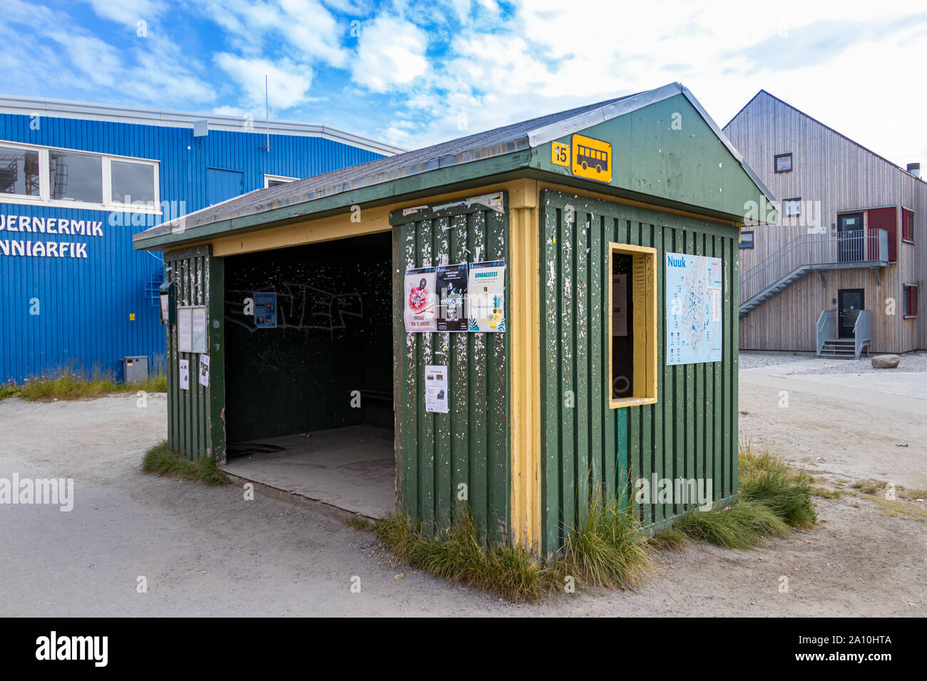 Wooden bus stop in the Nuuk center, Greenland. Stock Photo