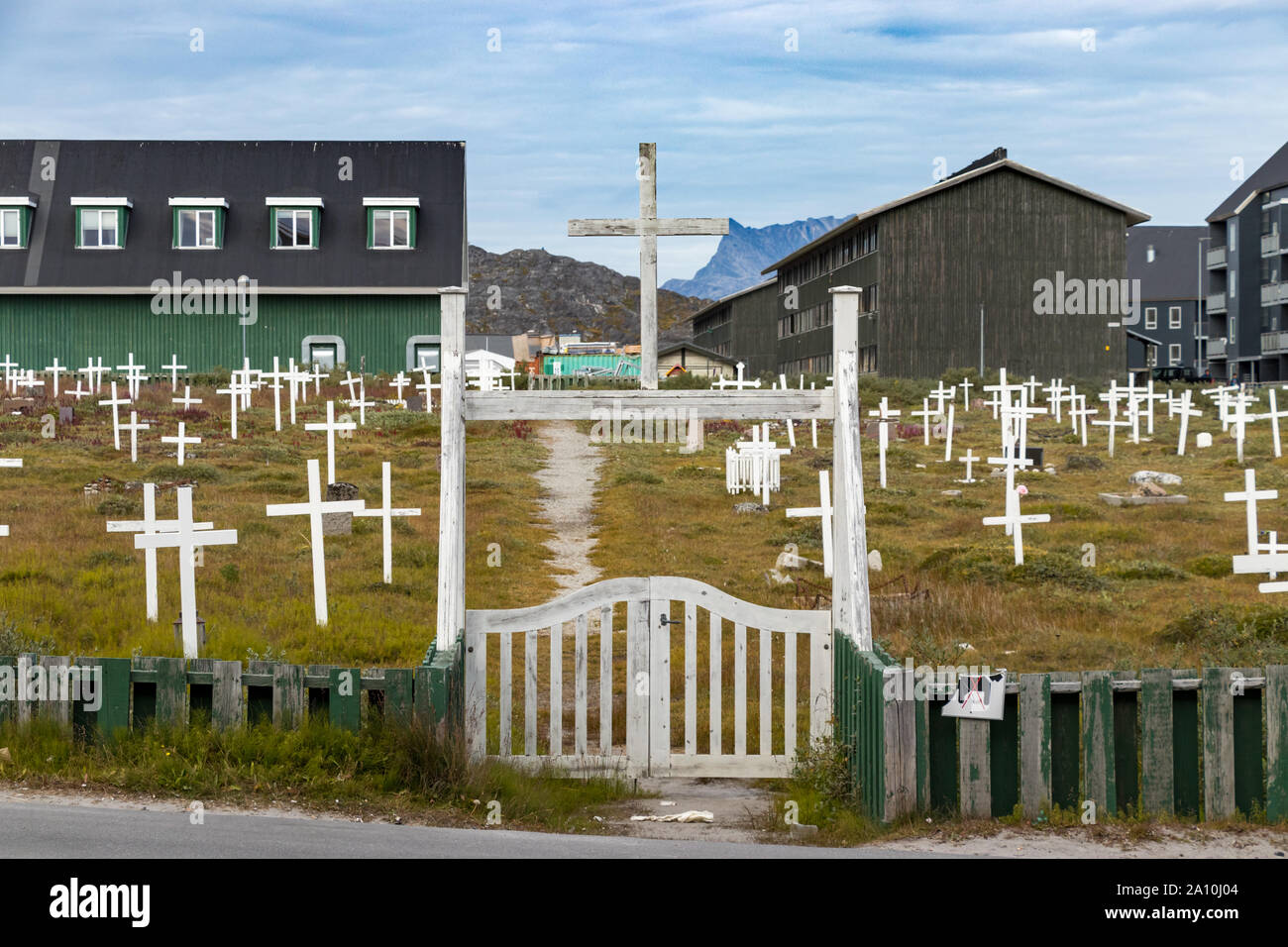 Entrance of the Nuuk cemetery on Aqqusinersuaq street, Greenland. Stock Photo