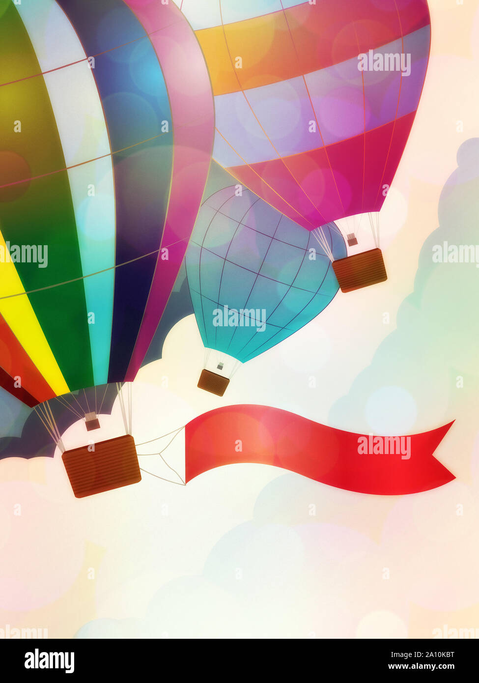 Illustration of hot air balloon with red ribbon on sky background Stock ...