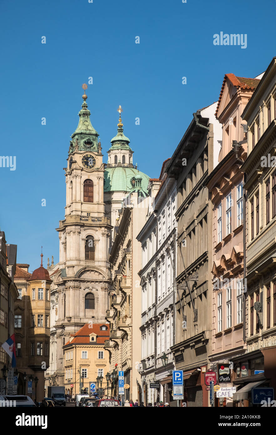 Prague architecture, including dome and tower of St Nicholas Church, Mala Strana, Prague, Czech Republic. Stock Photo