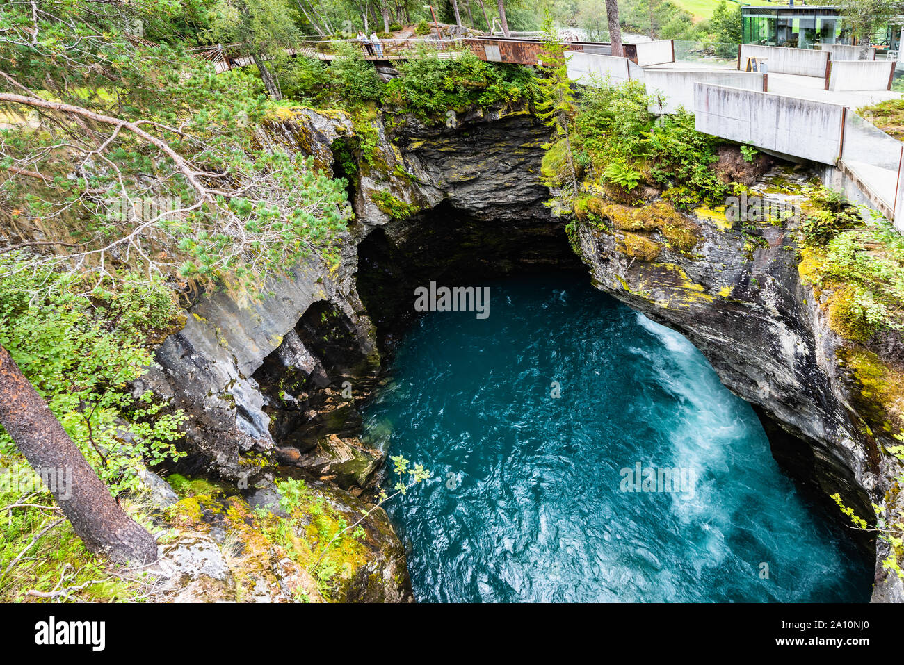 Gudbrandsjuvet ravine and Valldola river running through with waterfall, Valldal, Norway Stock Photo