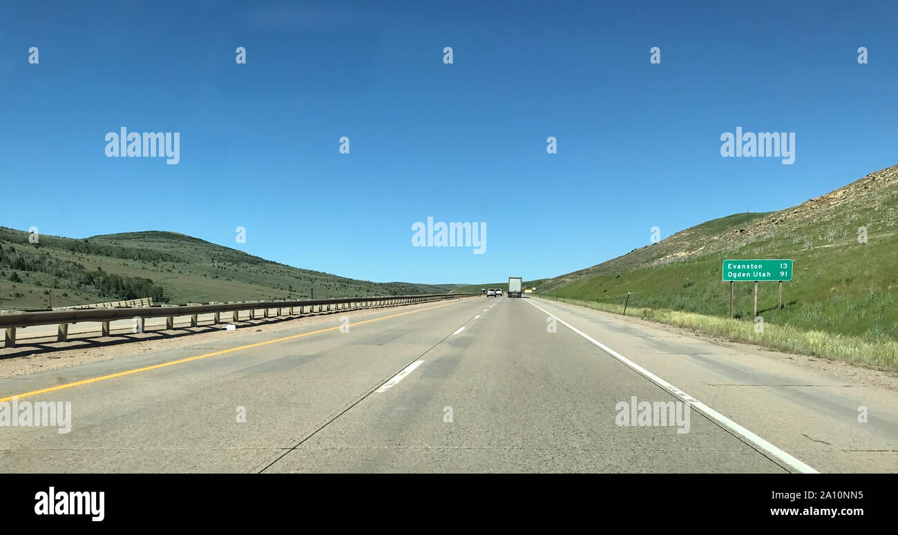 POV view of Interstate 80 near Evanston, Wyoming Stock Photo Alamy