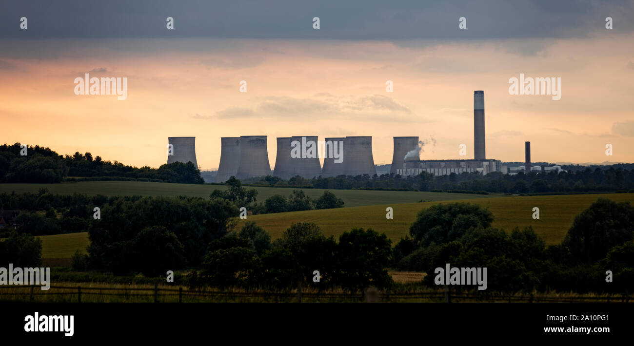 Sunset over the cooling towers of the Ratcliffe Power Station, Nottinghamshire, England, UK. Stock Photo