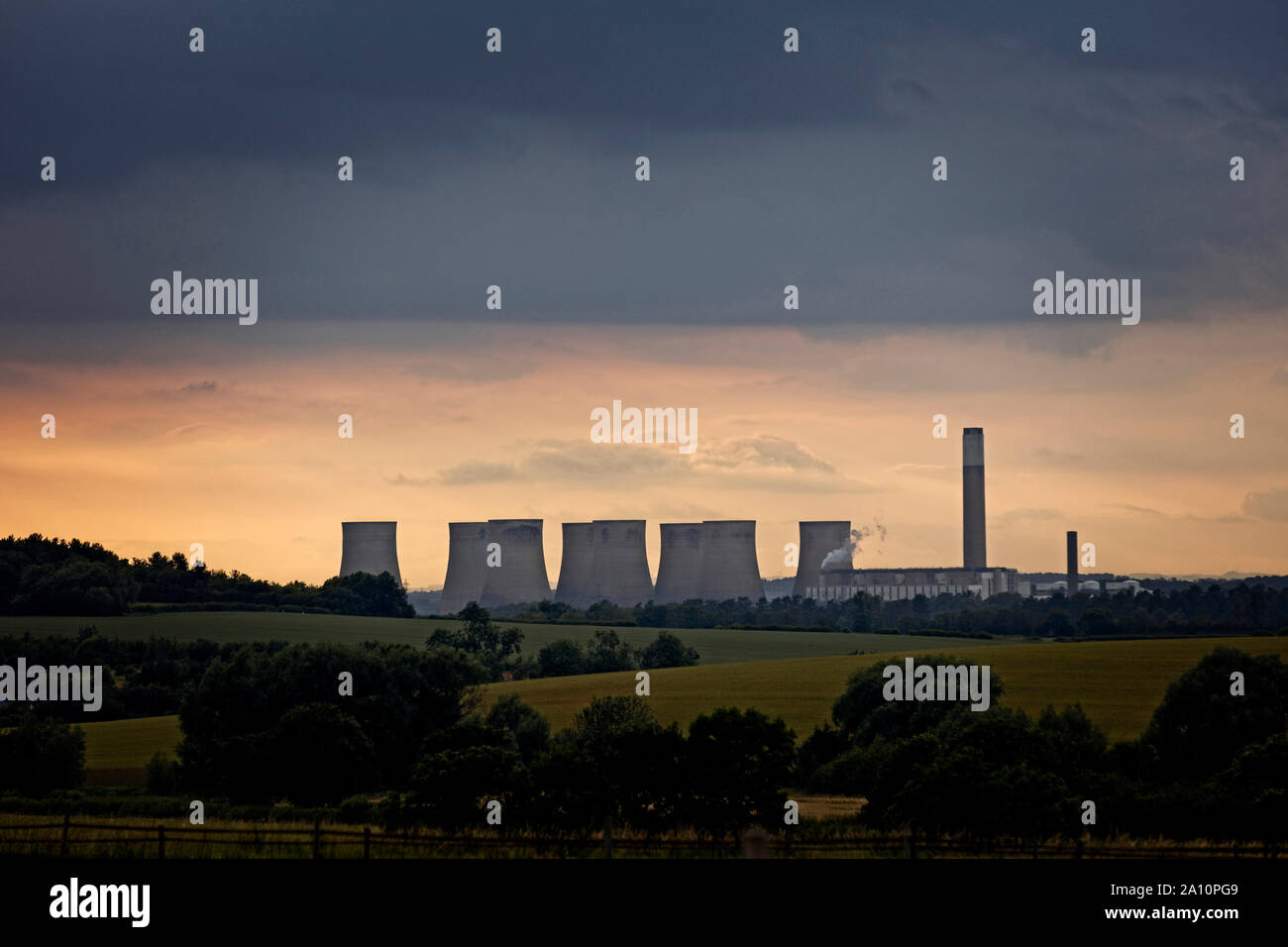 Sunset over the cooling towers of the Ratcliffe Power Station, Nottinghamshire, England, UK. Stock Photo