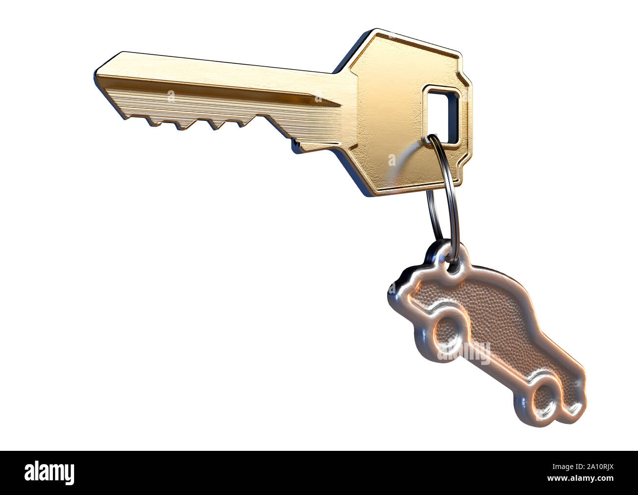 A brass key attached to a cast iron keyring in the shape of a car on an
