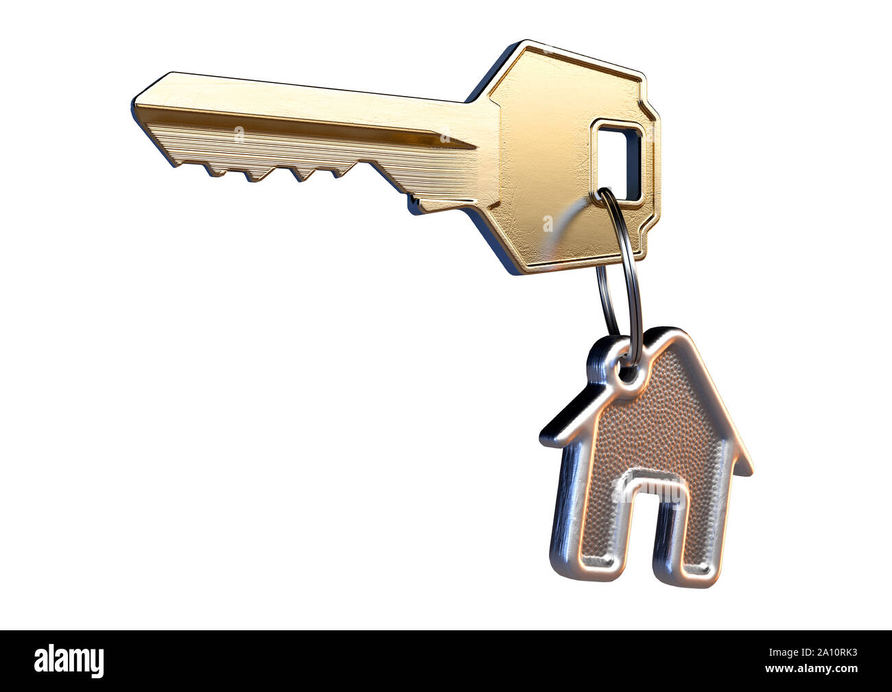 A brass key attached to a cast iron keyring in the shape of a house on an isolated white background - 3D render Stock Photo