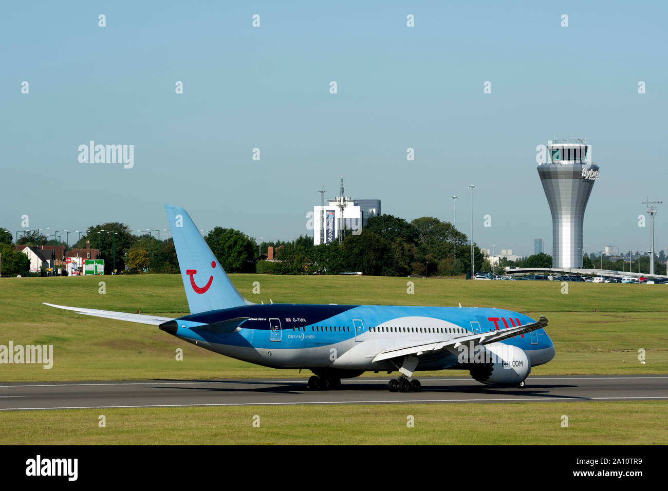 Tui Boeing 787-8 Dreamliner taking off at Birmingham Airport, UK (G-TUIA) Stock Photo