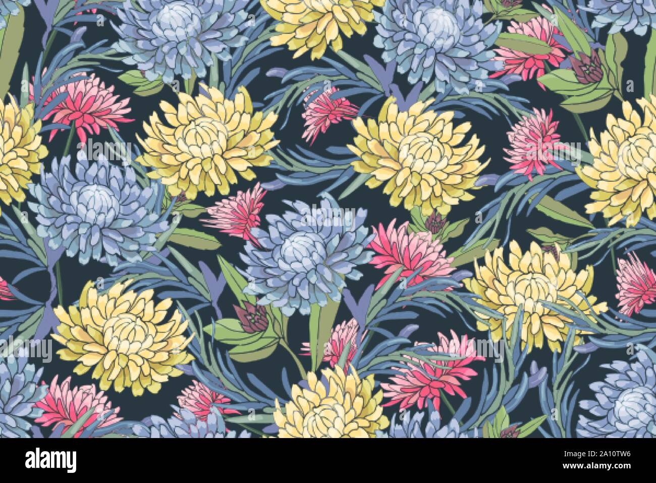 Vector floral seamless pattern. Light blue, pink and yellow autumn asters, chrysanthemum. Stock Vector