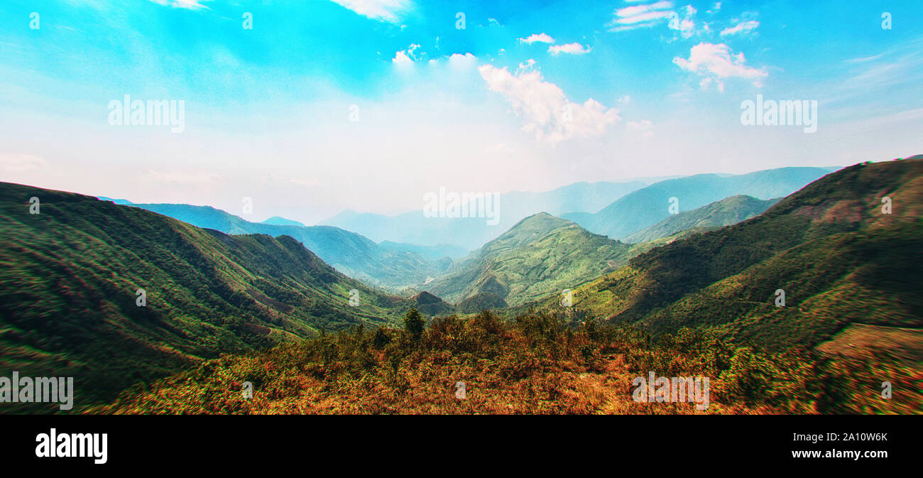 Cherrapunjee, Meghalaya, India. View of the Khasi Hill with thick forests, deep valley gorges, and a river near the town of Cherrapunjee, the wettest Stock Photo