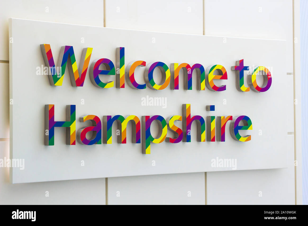 16 September 2019 A Welcome sign at Southampton Airport arrivals terminal Stock Photo