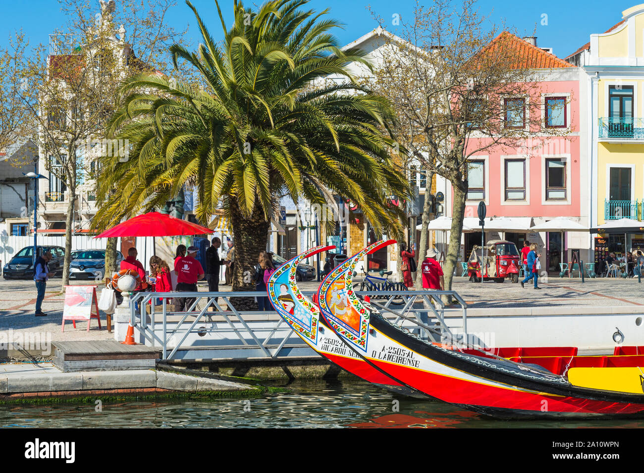 Moliceiros moored along the main canal. Aveiro, Venice of Portugal, Beira Littoral, Portugal Stock Photo