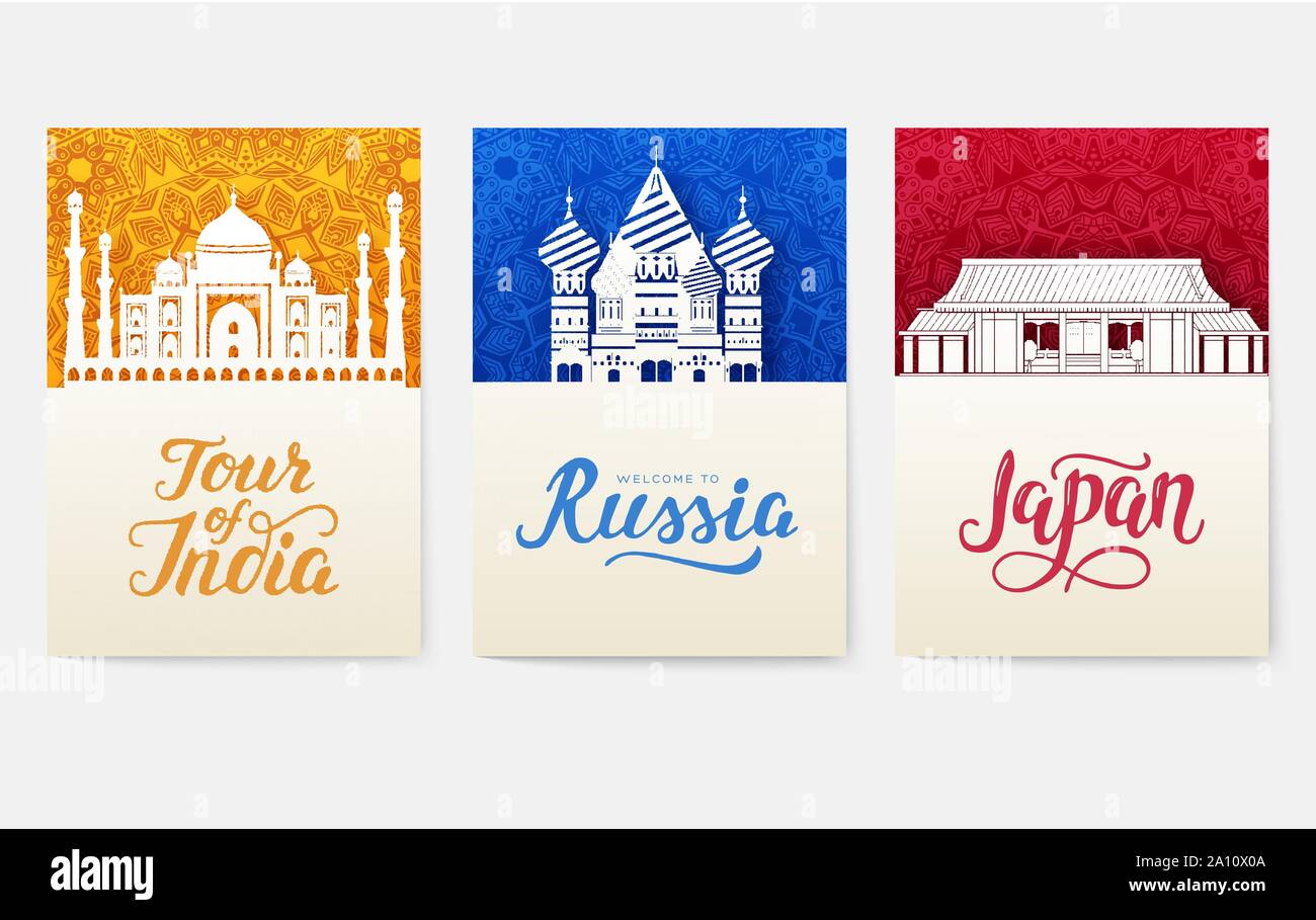 set of art ornamental travel and architecture on ethnic floral flyers. Vector decorative banner of card or invitation design. Historical monuments of Tourkey, Austria, Germany, India, Japan Stock Vector