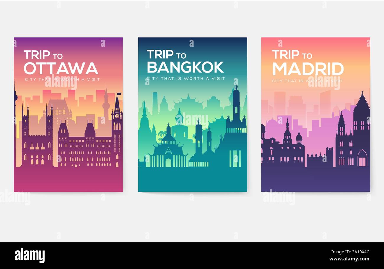 Travel information cards. Landscape template of flyear, magazines, posters, book cover, banners. Country of Chile, Canada, Thailand, Spain, Malaysia, Africa, Asia, Poland, UAE and Jerusalem set Stock Vector