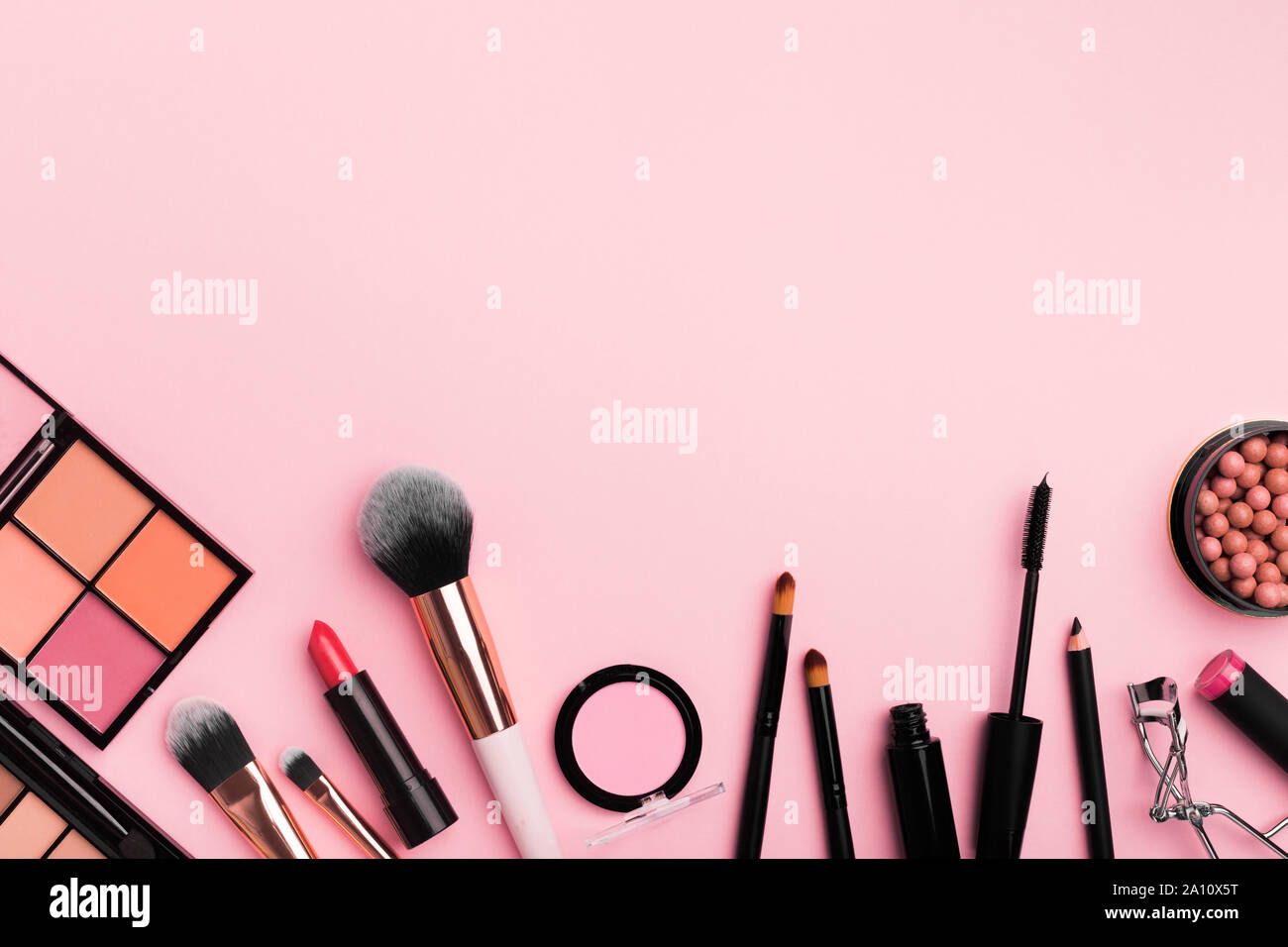 Organic cosmetics for makeup banner on light pink background Stock Photo