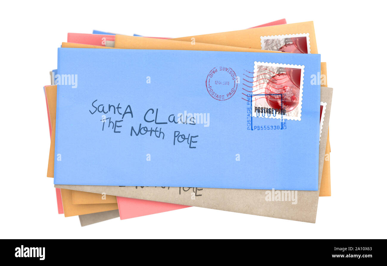 A stack of childrens wish list letters addressed to santa clause in the north pole on an isolated white studio background - 3D render Stock Photo
