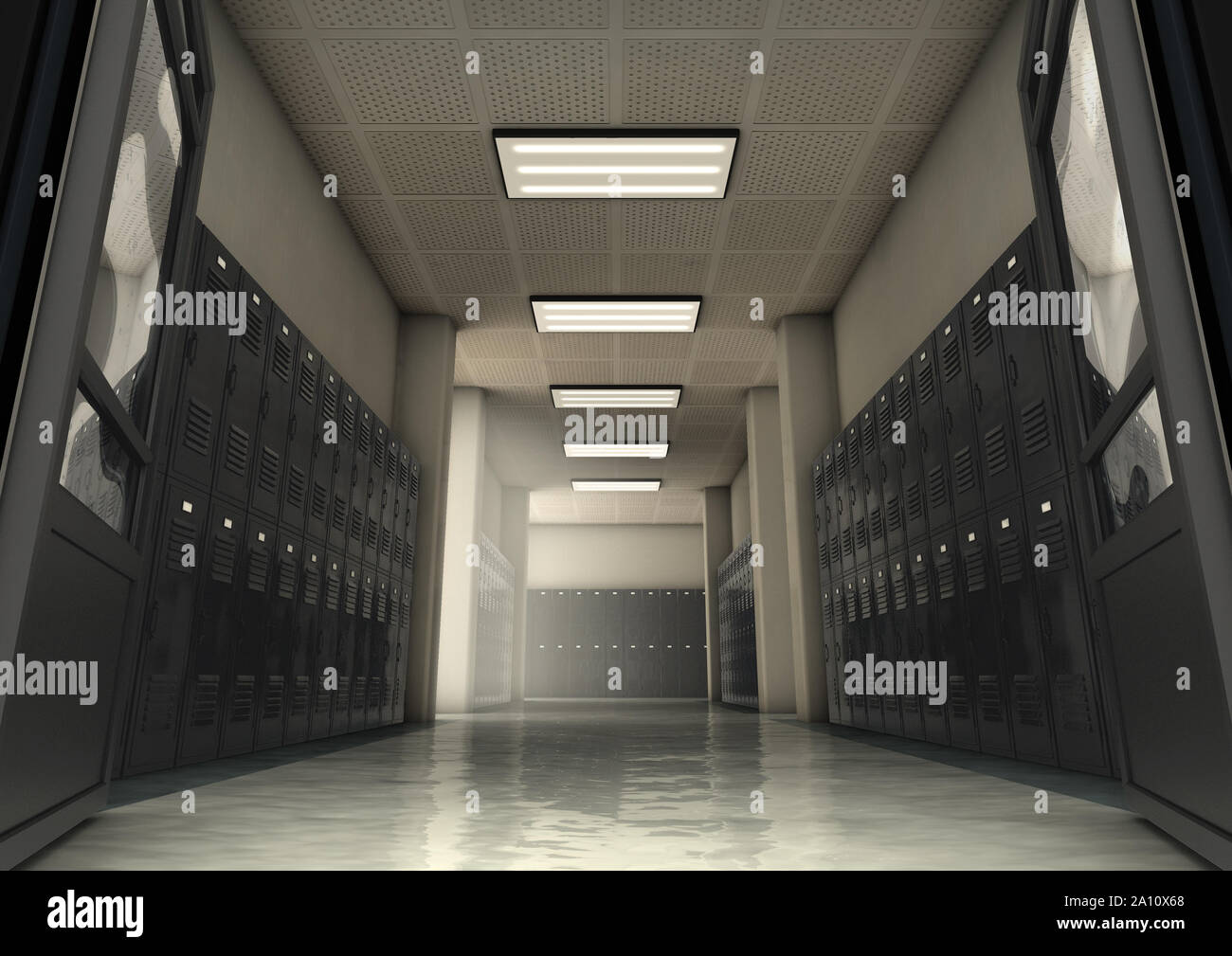 A look down a dimly lit hallway of school lockers - 3D render Stock Photo