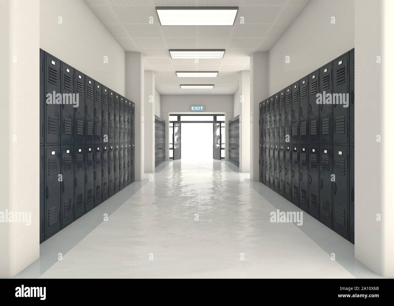 A look down a well lit hallway of school lockers towards an open entrance or exit door - 3D render Stock Photo