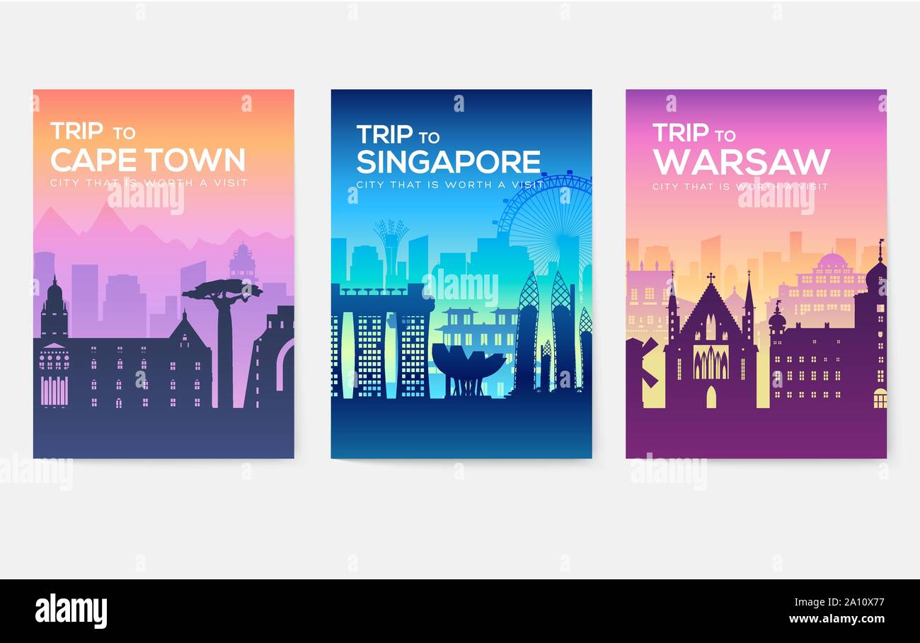 Travel information cards. Landscape template of flyear, magazines, posters, book cover, banners. Country of Chile, Canada, Thailand, Spain, Malaysia, Africa, Asia, Poland, UAE and Jerusalem set Stock Vector