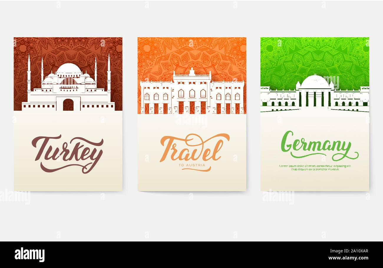 set of art ornamental travel and architecture on ethnic floral flyers. Vector decorative banner of card or invitation design. Historical monuments of Tourkey, Austria, Germany, India, Japan Stock Vector