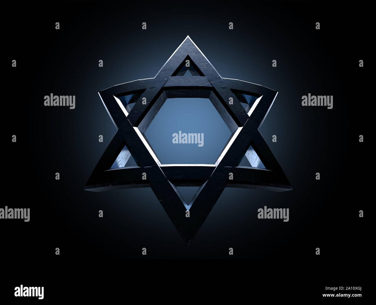 A dramatically backlit gold casting of the star of david on a dark background - 3D render Stock Photo