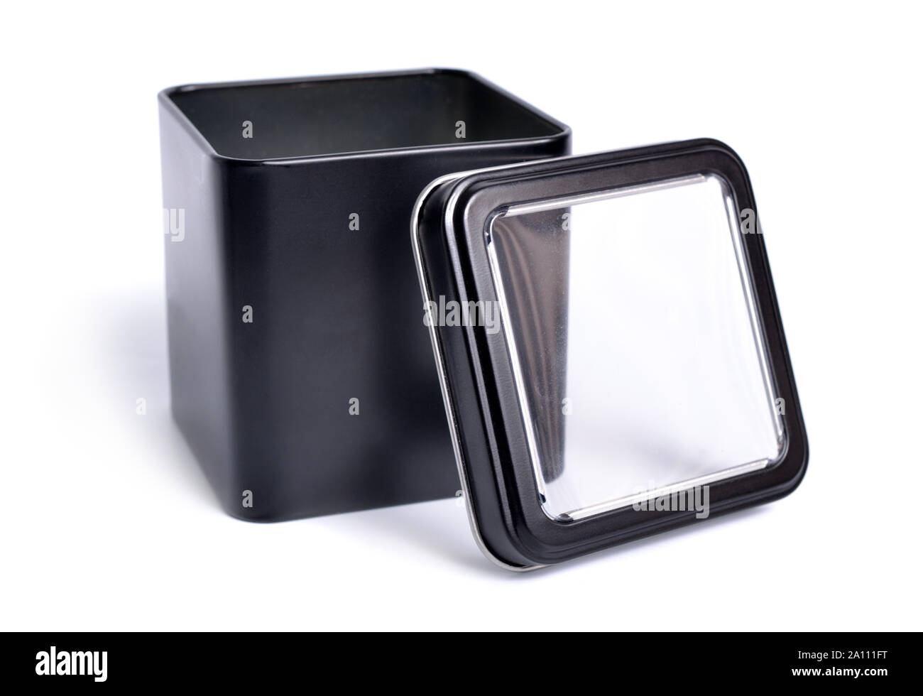 Black metal box with a transparent lid isolated on white Stock Photo