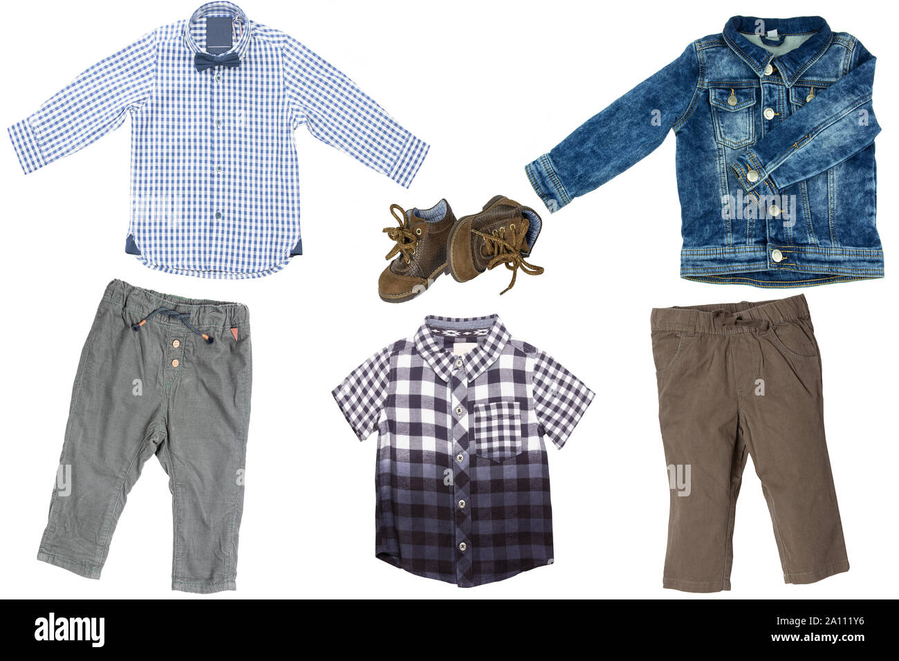 Collage set of children clothes. Two Denim jeans or pants, a pair shoes, a  jeans jacket and two blue checkered shirts or t-shirts for child boy isola  Stock Photo - Alamy