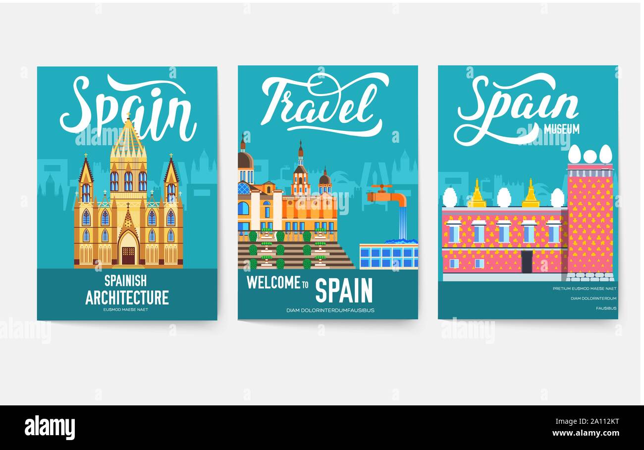 Spain vector brochure cards set. Country template of flyear, magazines, posters, book cover, banners. Travel invitation concept background. Layout architecture illustrations modern Stock Vector